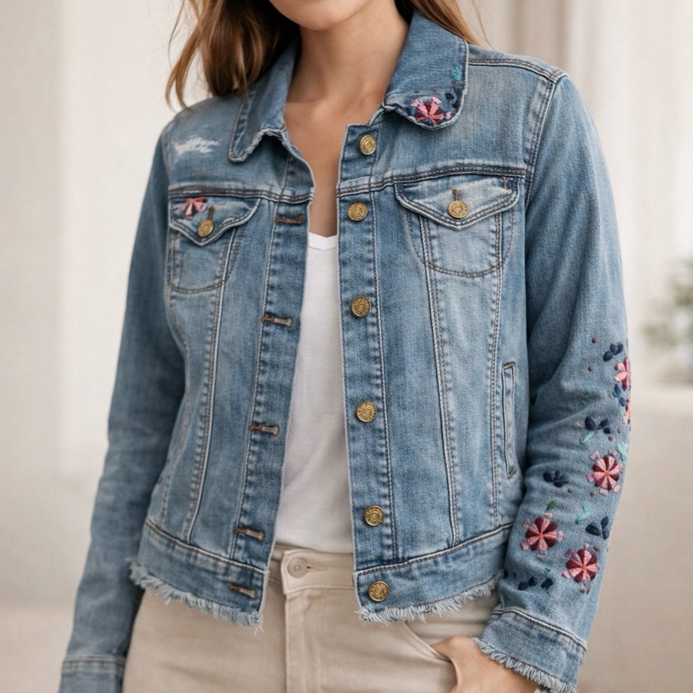Vintage America Light Blue Denim Jacket with Pink Floral Details